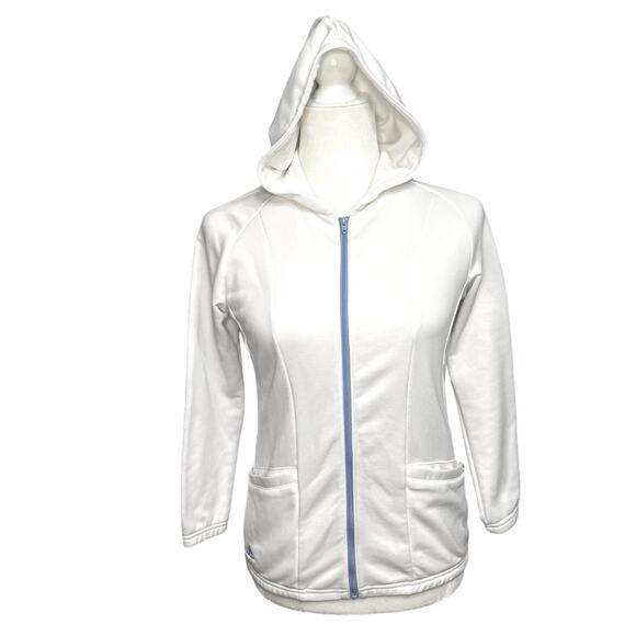ADIDAS White/Blue‎ Climalite Zip Front 3/4 Sleeve Hood Jacket Pockets Size Small - Picture 1 of 12